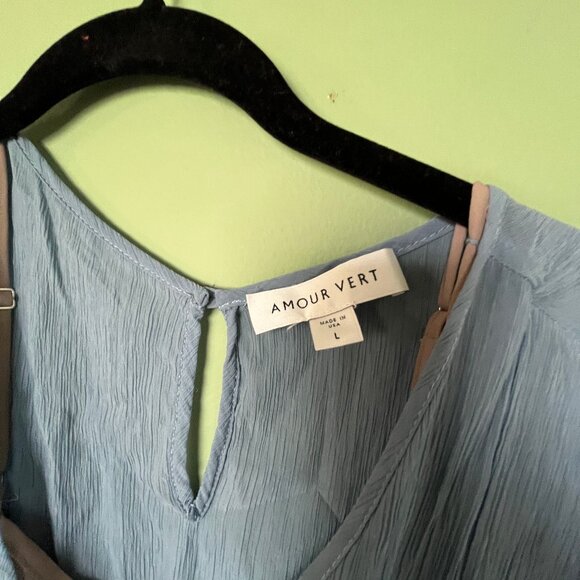 Amour Vert Blue Crinkle Belted Double Lined Slip Dress Size Large L - Picture 2 of 8